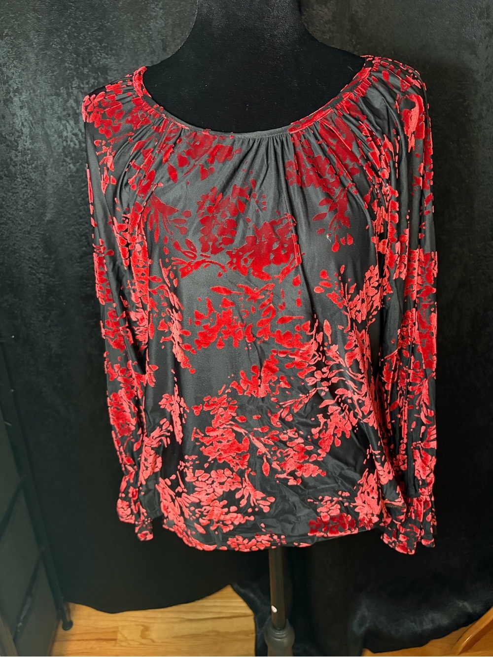Badgley Mischka Black Top with Red Floral Burnout